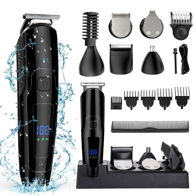Hair Clipper for Men, All in One Grooming Kit IPX7 Waterproof, Cordless Electric Beard Trimmer, USB Rechargeable Body Mustache Nose Ear Facial Cutting Groomer for Wet/Dry W/ LED Display