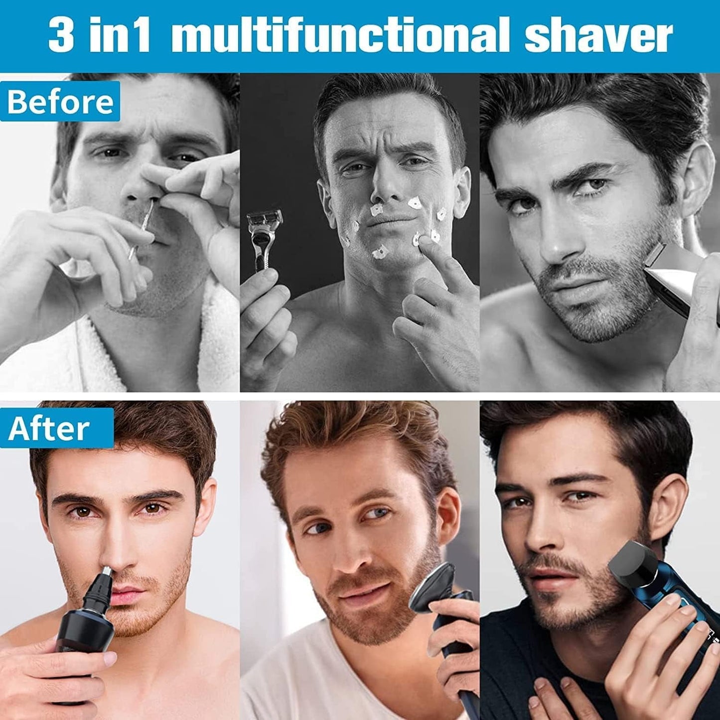 Hoey Electric Shaver Razor for Men, 3 in 1 Men’s Cordless LED Display IPX7 Waterproof Facial Nose Hair Beard Trimmer Grooming Haircut Kit with Wet Dry Rechargeable Use
